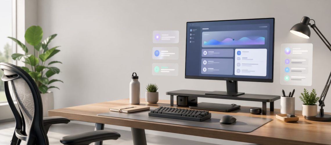 Realistic illustration of modern home office desk with monitor showing analytics dashboard, floating app panels, plants, lamp, and ergonomic chair