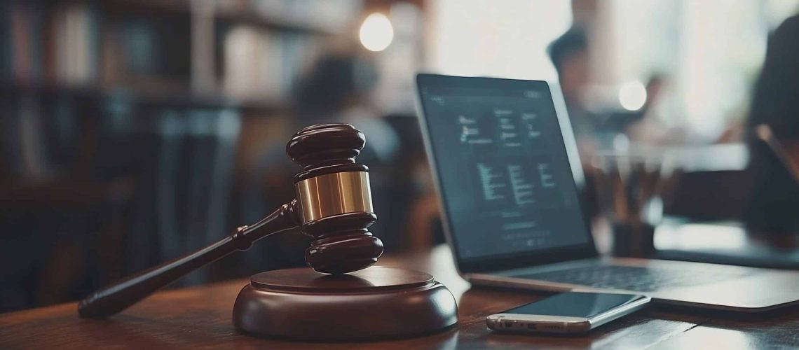 A wooden gavel rests on a table with a laptop and smartphone, symbolizing legal proceedings in the digital age.