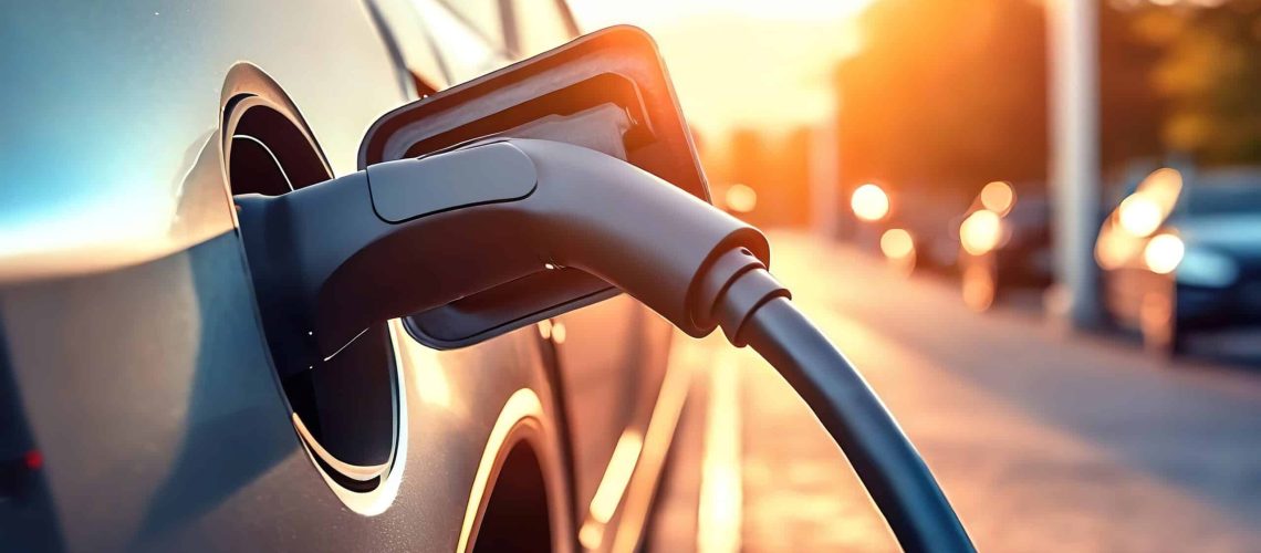 An electric vehicle charges at a station, its power cable connected. The charging cable is securely attached, signifying the car's readiness for an eco-friendly journey