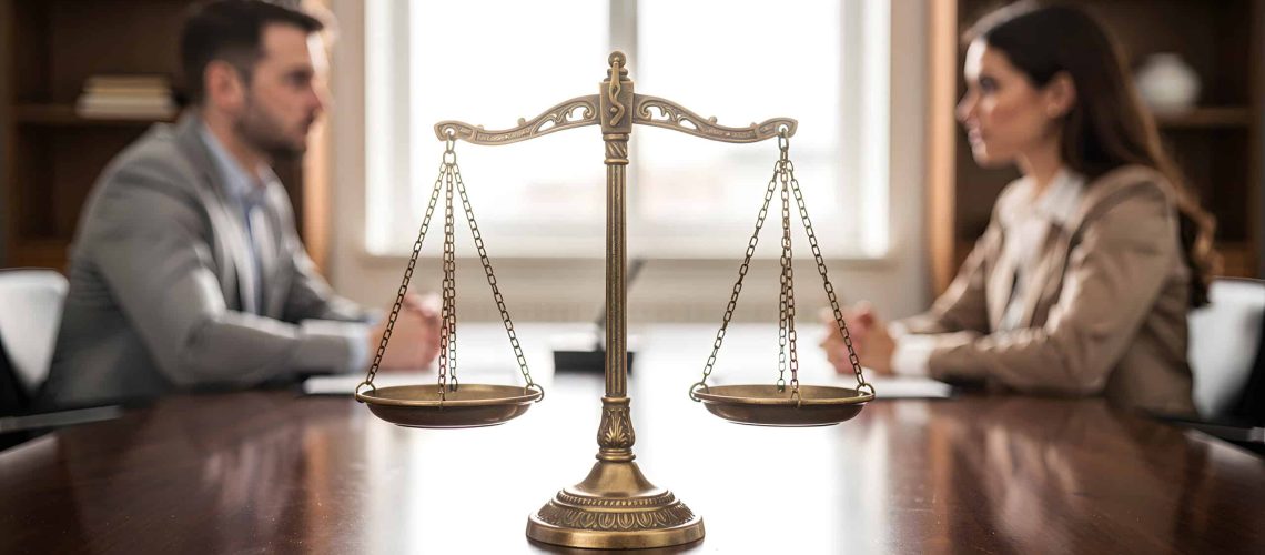 A legal balance scale between a man and a woman suggesting a divorce or legal dispute concept