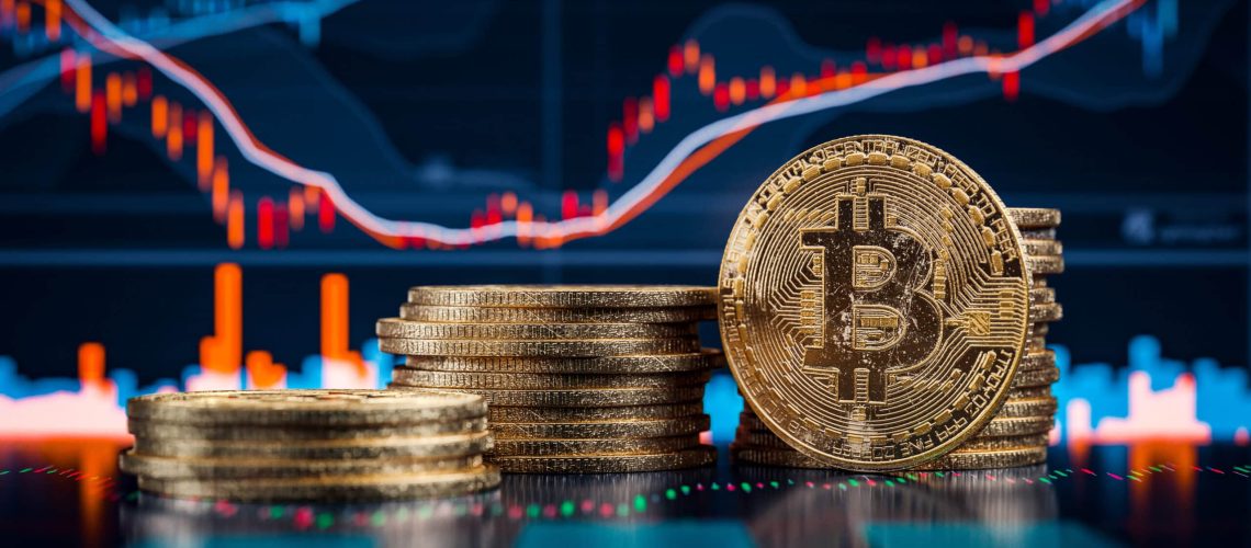 3d Illustration oder rendering von Bitcoin Stapel vor Diagrammen und Charts symbolisiert den Aktienmarkt von Kryptowährung