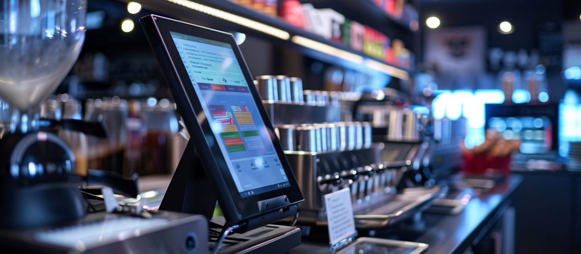 Close-up of a digital point of sale system in a trendy coffee shop, with coffee equipment and shelves in the background