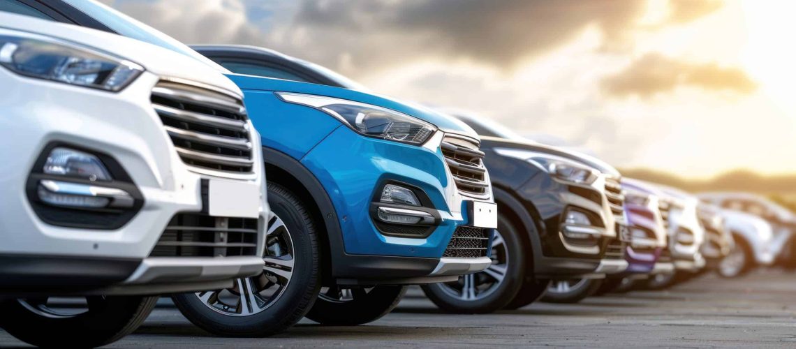 A car is parked in a row at an outdoor parking lot. Used cars for sale and rental service. Car insurance, Automobile parking area. Car dealership and dealer agent concept. Automotive industry.