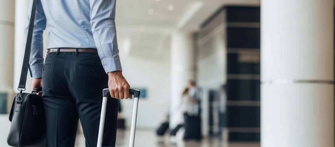 Businessman with suitcase walking in airport terminal for business trip. Close up of traveler in formal wear carrying luggage and leather bag. Modern transportation and executive lifestyle.