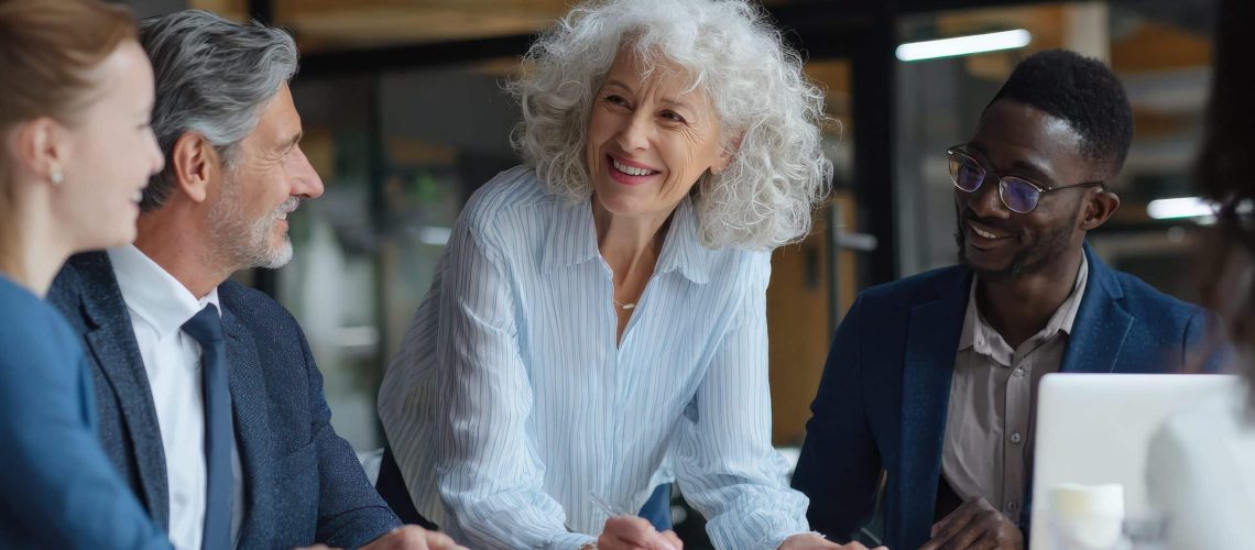 senior older female executive ceo and happy multicultural business people discuss corporate project at boardroom table smiling diverse corporate team working together in modern meeting room office no